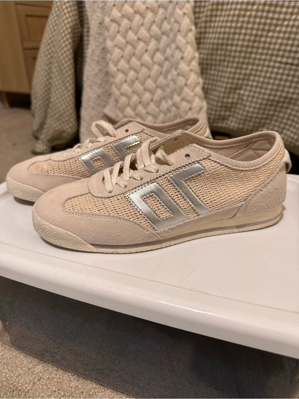 Women’s Cream Mesh & Suede Sneakers with Silver Accent Stripes